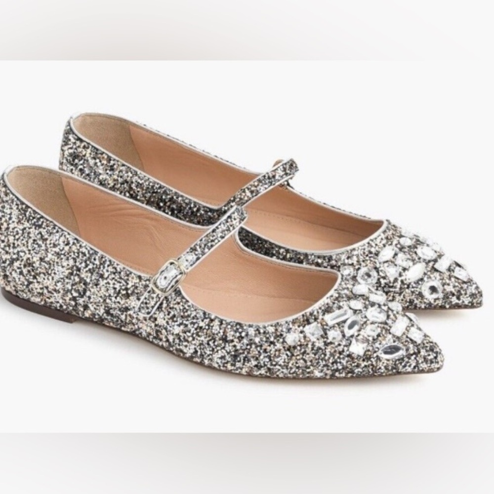 J.Crew Crystal Embellished Silver Glitter Mary Jane Flats Sz 9.5 NWOB